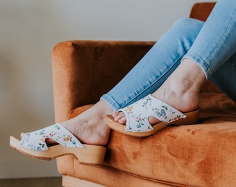 Floral Leather Clogs: Open Toe Wooden Sandals