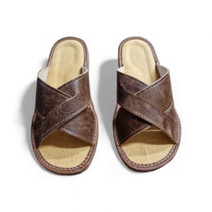 men slippers leather with open toe. house shoes for men with brown leather and rubber sole.