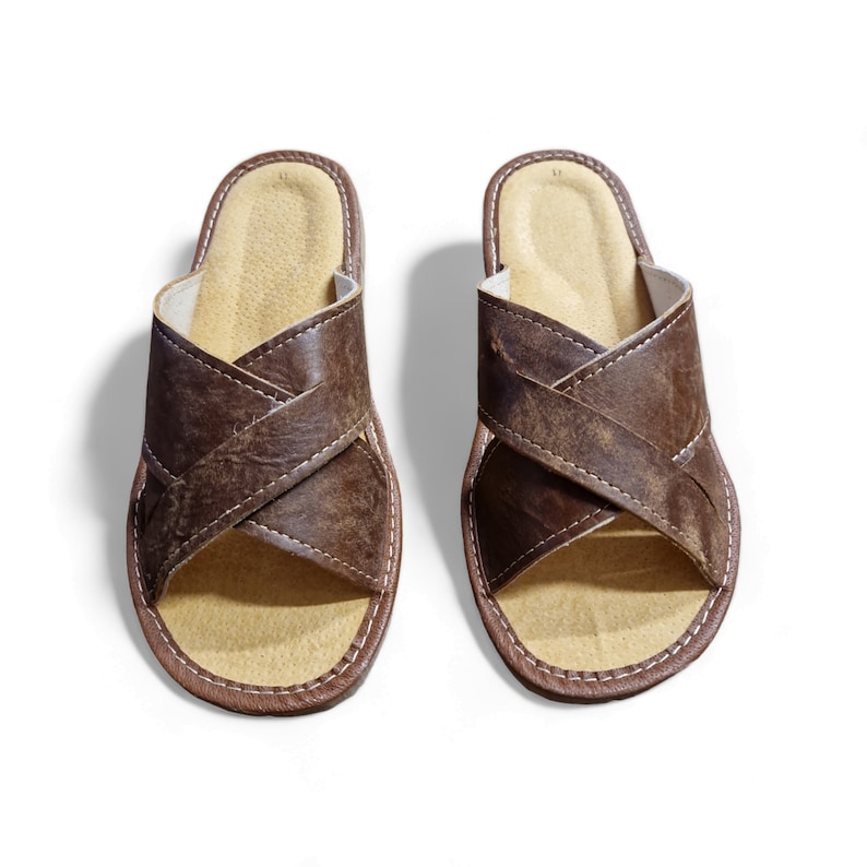 men slippers leather with open toe. house shoes for men with brown leather and rubber sole.