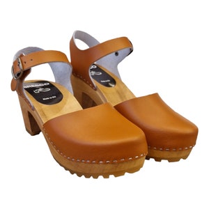 Peut inclure: Une paire de sabots en cuir marron avec un talon en bois et une sangle à boucle. Les sabots ont un détail de couture blanche autour du bord.