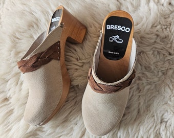 Heeled Swedish wooden clogs on high heel in beige suede leather and brown braids