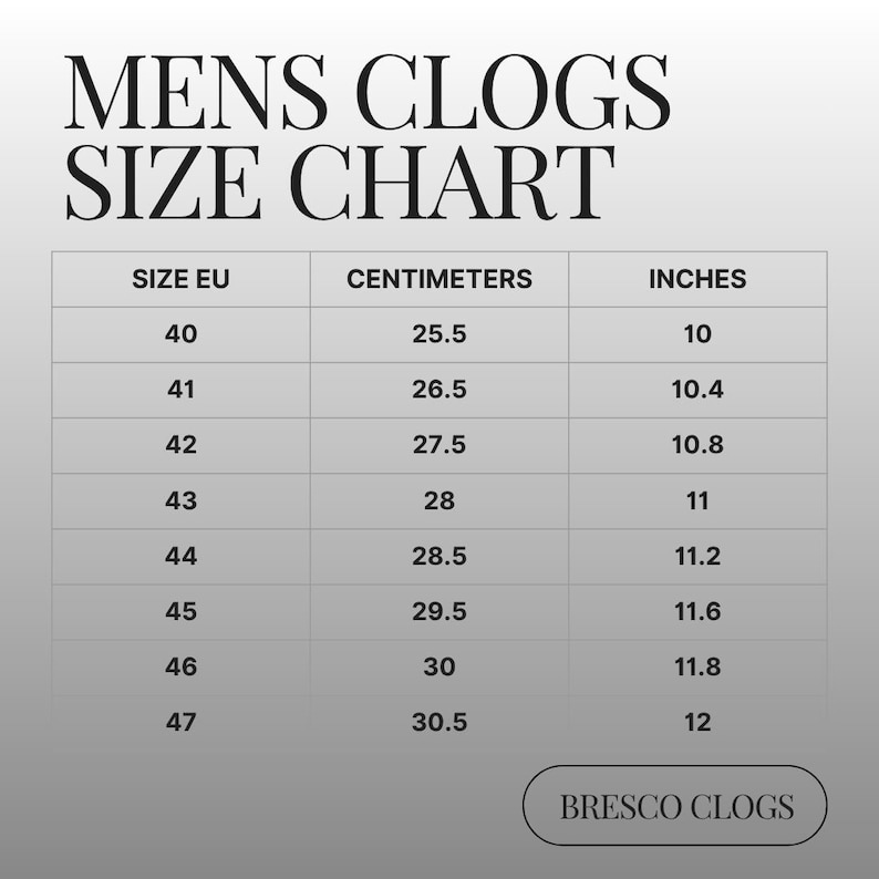 May include: A size chart for men's clogs, displaying EU sizes 40-47, with corresponding measurements in centimeters and inches. The chart includes measurements from 25.5 cm (10 inches) to 30.5 cm (12 inches). The brand name is BRESCO CLOGS.
