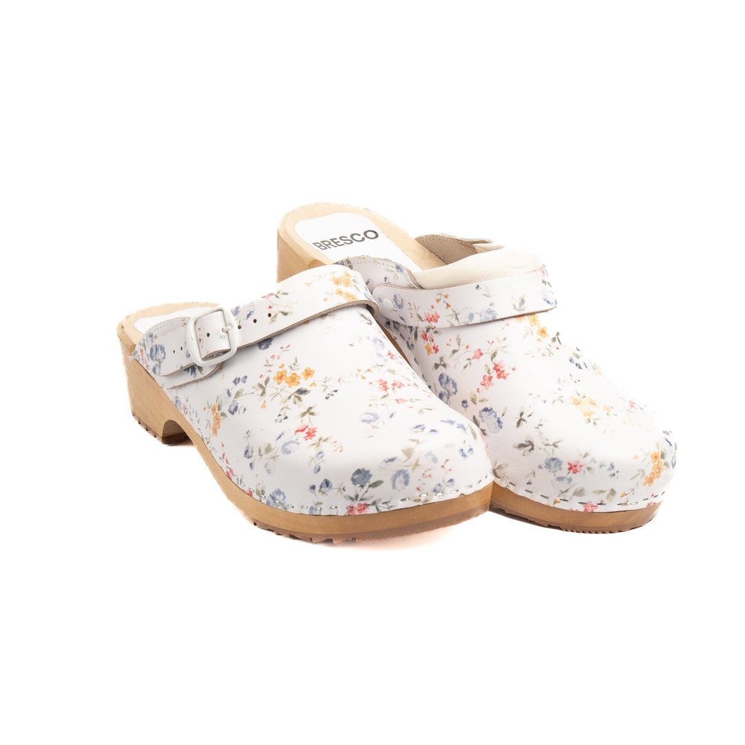 Swedish White Wooden Clogs With Buckle From Flowers White Real Leather