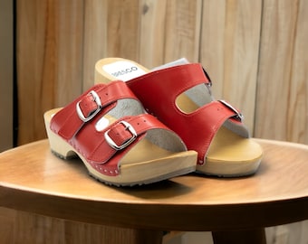 Red Leather Wooden Clogs: Open Toe Buckle Sandals