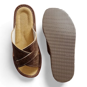 men slippers leather with open toe. house shoes for men with brown leather and rubber sole.