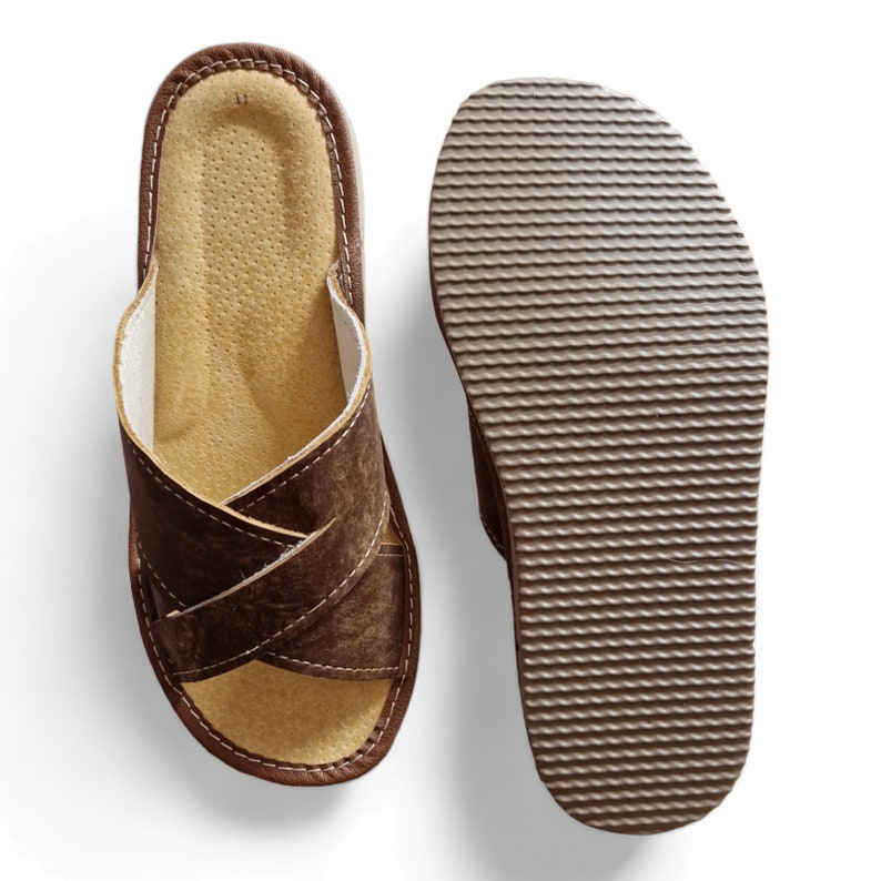 men slippers leather with open toe. house shoes for men with brown leather and rubber sole.