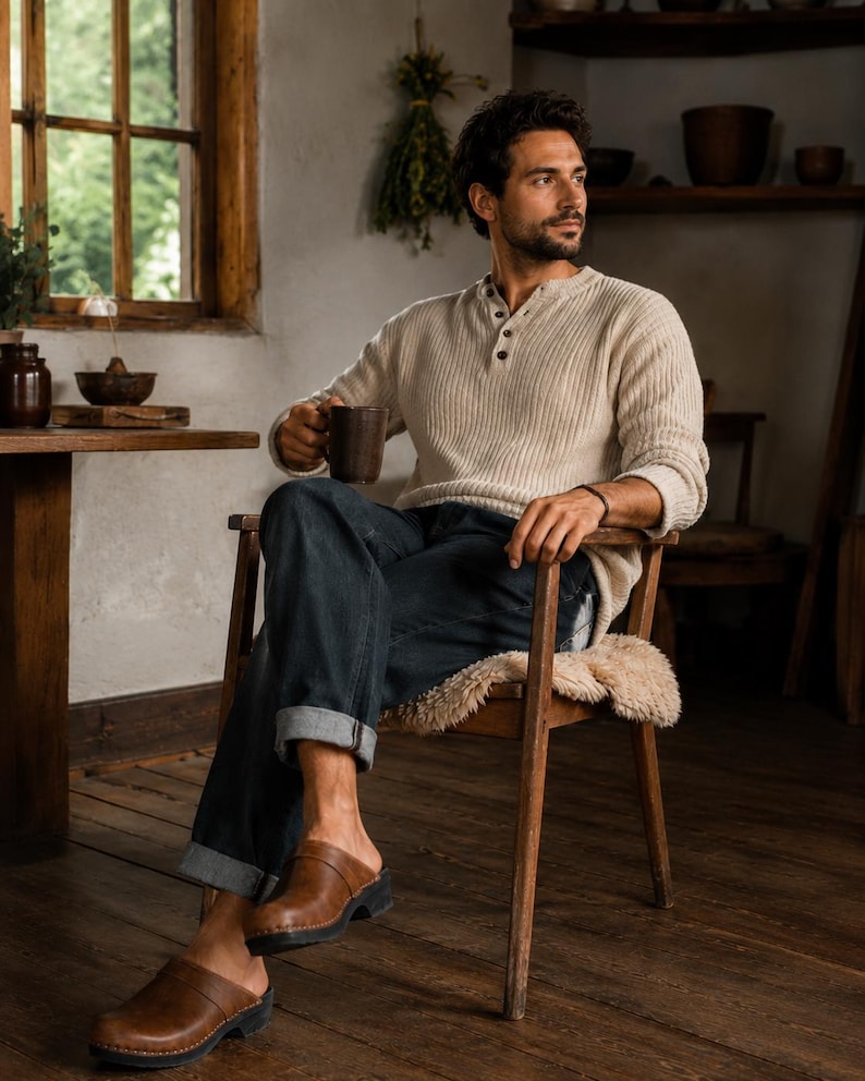 Handmade classic Swedish wooden clogs with a decorative stripe on the upper. Made of natural cowhide in brown leather and black wooden bottom. Available in women and men sizes. Made by BrescoClogs.