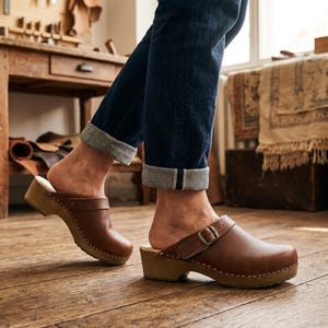 Handmade Men's Brown Leather Clogs: Swedish Wooden Sole Mules (Size 40-47)