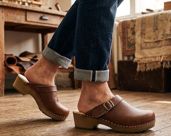 Troentorp Swedish Clogs | Brown Leather Wooden Mules | Comfortable