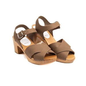Brown Nubuck Leather Heeled Clogs: Handmade Alder Wood Sandals