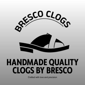 May include: A black logo on a light gray background featuring the text BRESCO CLOGS in an arc above a stylized black clog icon. Below the icon, the text reads HANDMADE QUALITY CLOGS BY BRESCO followed by the smaller text Crafted with love and precision.