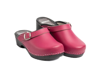 Men's Pink Leather Clogs: Handmade Wooden Sole Shoes with Adjustable Strap