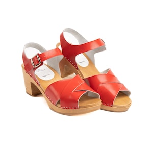 Red Leather Heeled Clogs: Open Toe Wooden Sandals
