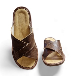 men slippers leather with open toe. house shoes for men with brown leather and rubber sole.