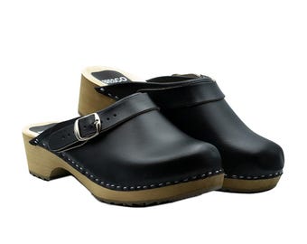 Handmade Men's Black Leather Clogs: Traditional Swedish Wooden Footwear