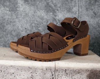 Handmade Brown Nubuck Leather Clogs: High Heel Wooden Shoes