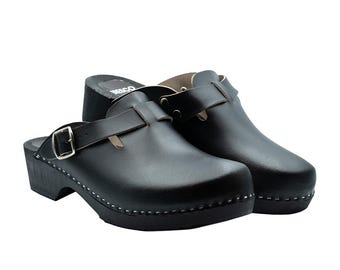 Men's Black Leather Wooden Clogs: Handmade Mules with Buckle