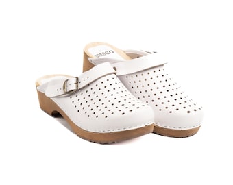 Men White Leather Clogs: Perforated Wooden Sole Mules, Adjustable Strap