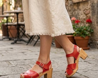 Red Leather Heeled Clogs: Open Toe Wooden Sandals