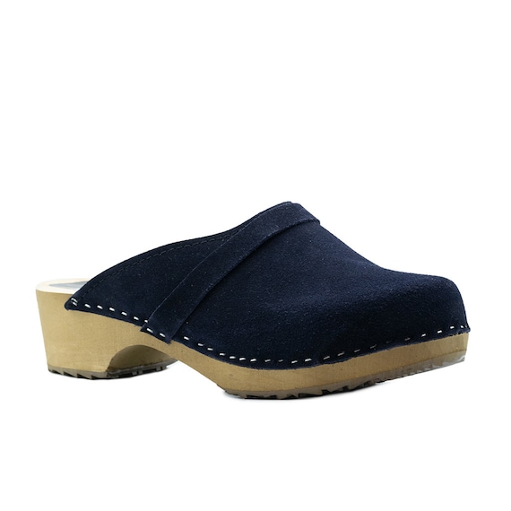Swedish Wooden Clogs Made of Natural Suede Leather in Navy and Wooden Sole With Decorative Stripe Available Sizes 35 47 EU From Brescoclogs Etsy