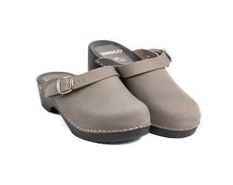 Grey Nubuck Leather Clogs – Handmade Swedish Wooden Shoes, Minimalist Mules Sabots