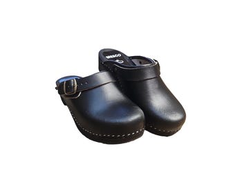 Handmade Men Wooden Clogs With Buckle, Natural Leather and Real Wooden Sole