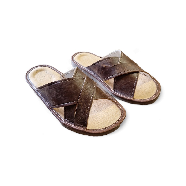 men slippers leather with open toe. house shoes for men with brown leather and rubber sole.