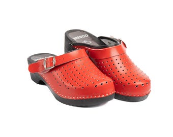 Men's Red Leather Clogs: Handmade Wooden Sole Slip-Ons (EU 40–47)