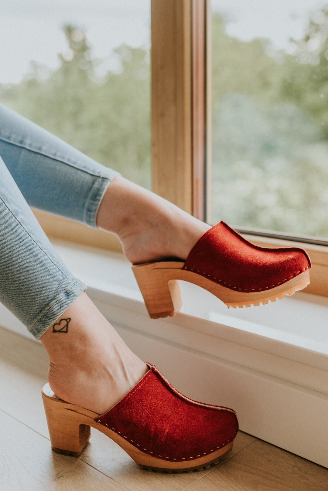 Red Suede High Heel Clogs: Handmade Swedish Wooden Shoes