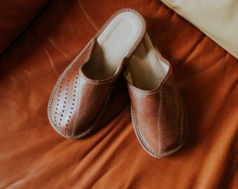 Handmade Leather Slippers: Cozy Brown Slip-Ons with Anti-Slip Sole