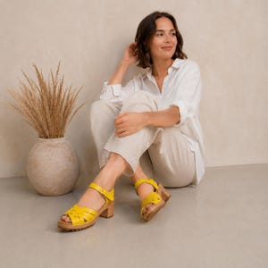 Yellow Leather Clogs – Handmade Swedish Style Wooden Platform Sandals