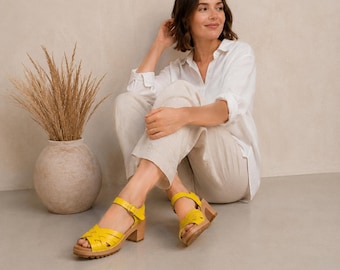 Yellow Leather Clogs – Handmade Swedish Style Wooden Platform Sandals