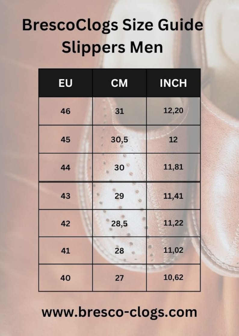 Op de afbeelding: Maattabel voor herenslippers in Europese maten, centimeter en inch. De tabel toont maten 40 tot 46, met de bijbehorende maten in centimeter en inch.