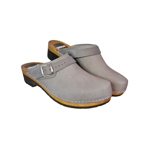 Swedish wooden clogs crafted from natural cowhide leather with Buckle - Unisex mules, Wood Sole Shoes from BrescoClogs