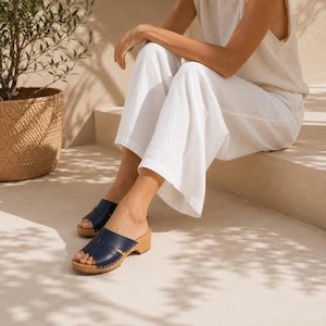Navy Blue Leather Wooden Clogs, Scandinavian Open-Toe Clog Sandals