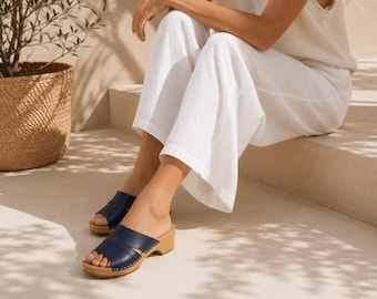 Navy Blue Leather Wooden Clogs, Scandinavian Open-Toe Clog Sandals