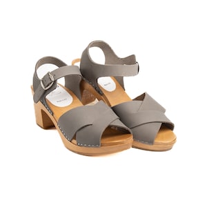 Gray Nubuck Leather Heeled Clogs: Handmade Alder Wood Sandals