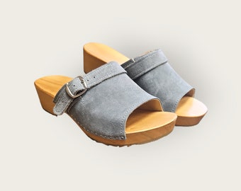 Swedish wooden clogs women with open toe mules from real suede leather in gray with buckle and wooden low heel wooden sole from BrescoClogs