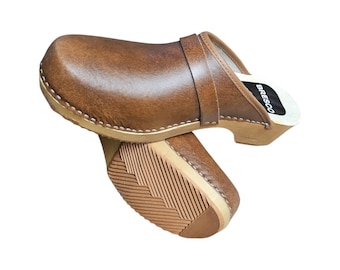 Handmade Brown Leather Clogs: Swedish Wooden Work Mules