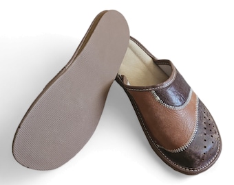 Cozy Leather Slip-On House Slippers for Men in brown leather and closed toe
