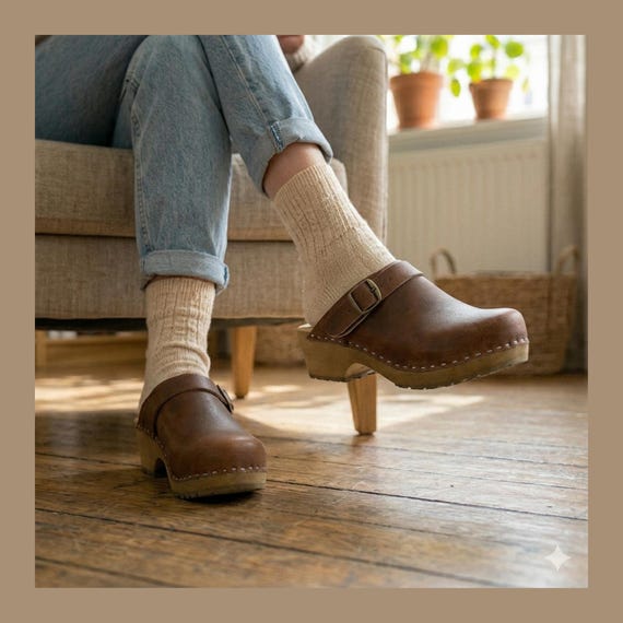 Handmade Brown Leather Clogs – Swedish Wooden Sole Mules (EU 35-42)