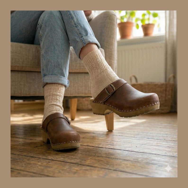 Handmade Brown Leather Clogs – Swedish Wooden Sole Mules (EU 35-42) image 1