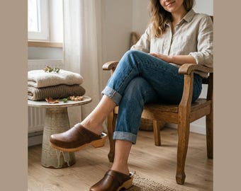 Handmade brown leather wooden clogs: Swedish wooden shoes, women style