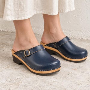 Swedish Wooden Clogs: Navy Leather Buckle Clogs