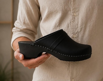 Men's Handmade Leather Clogs: Classic Scandinavian Wooden Sole Mules