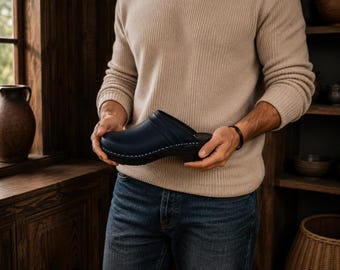 Men's Leather Clogs: Handmade Wooden Sole Scandinavian Mules