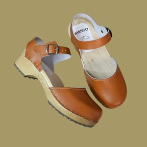 Brown Leather Clogs: Low Heel Swedish Wooden Shoes
