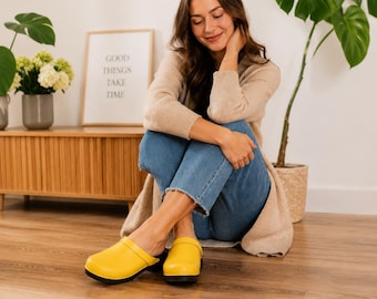 Handmade Yellow Leather Clogs for Women, Swedish Wooden Mules, Scandinavian Slip On Shoes