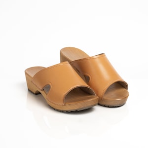 Brown Vegan Leather Clogs: Open Toe Alder Wood Sandals