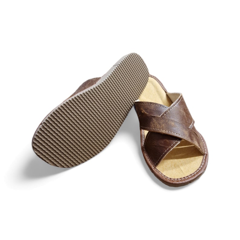 men slippers leather with open toe. house shoes for men with brown leather and rubber sole.